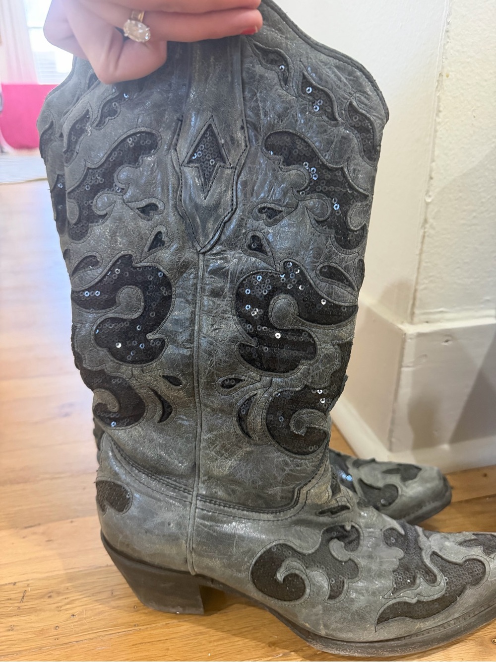 Corral Vintage Sequin Inlay Pointed Toe Leather Boots